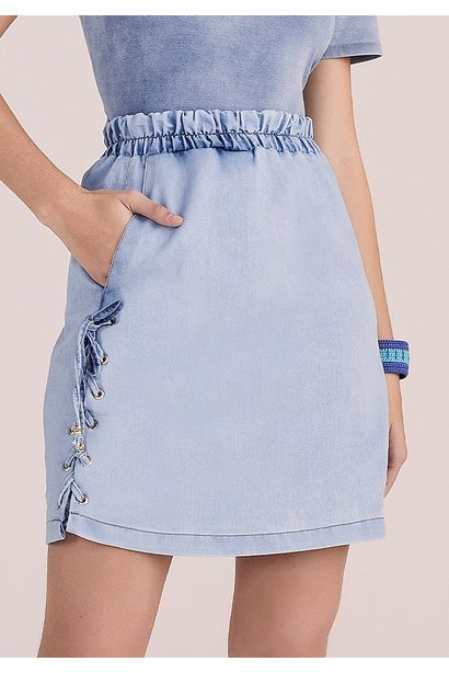 saia evase jeans claro detalhes laterais trancados imperio z baixo