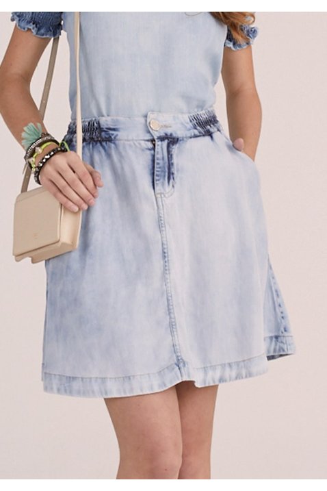saia evase jeans claro com bolsos imperio z