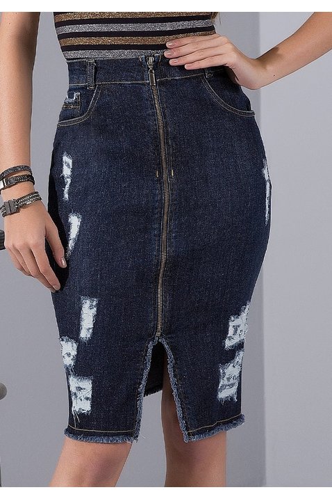 saia reta jeans com desfiados e puidos imperio z baixo