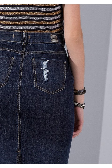 saia reta jeans com desfiados e puidos imperio z costas baixo detalhe