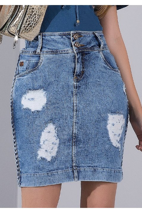 saia jeans destroyed detalhe trancas laterais imperio z baixo