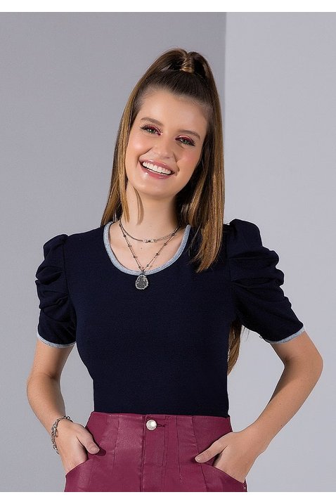 blusa marinho malha denim mangas bufantes imperio z