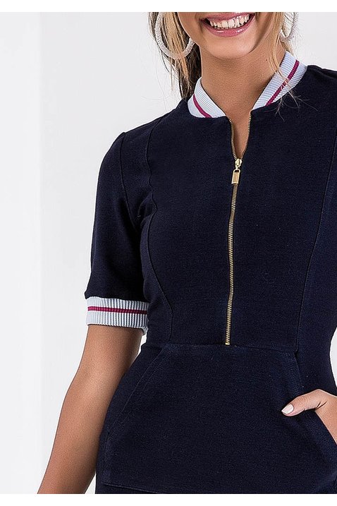 vestido malha denim com ziper frontal imperio z cima detalhe