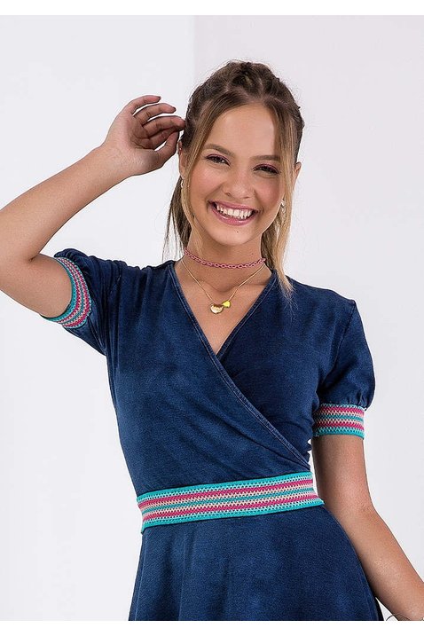 vestido denim elastico colorido decote transpassado imperio z cima