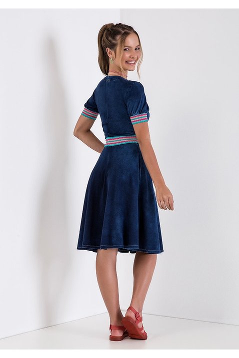 vestido denim elastico colorido decote transpassado imperio z costas