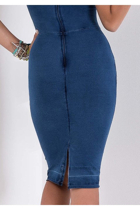 vestido tubinho denim decote princesa imperio z costas baixo