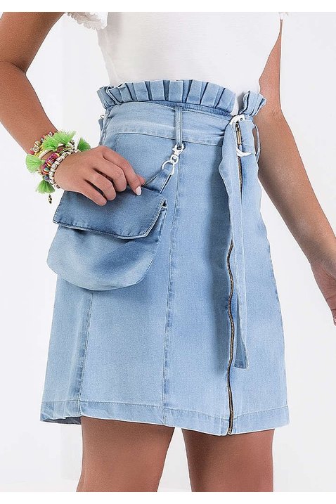 saia evase jeans com cinto e pochete imperio z baixo