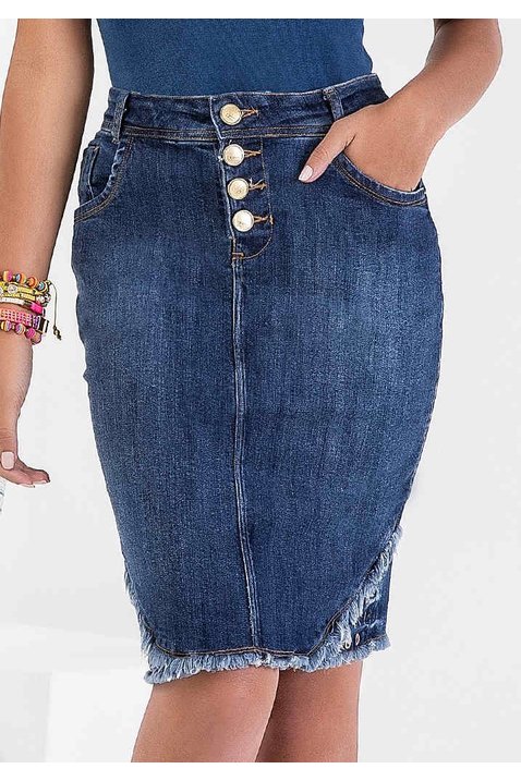 saia jeans barra desfiada recorte lateral com ilhos imperio z baixo