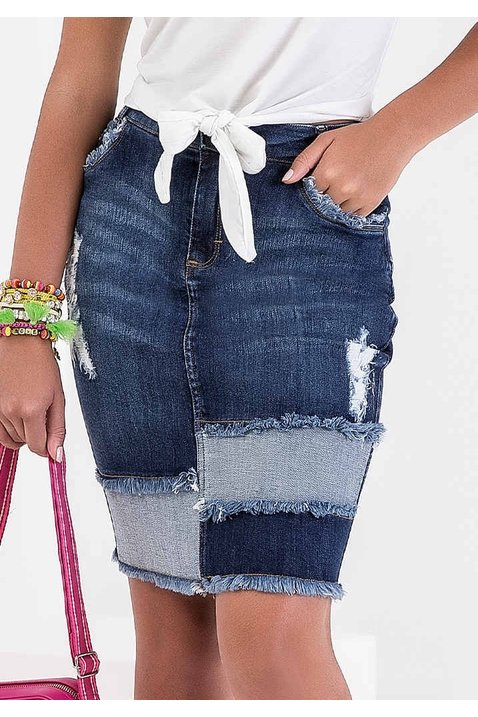 saia jeans com puidos e barra desfiada imperio z baixo