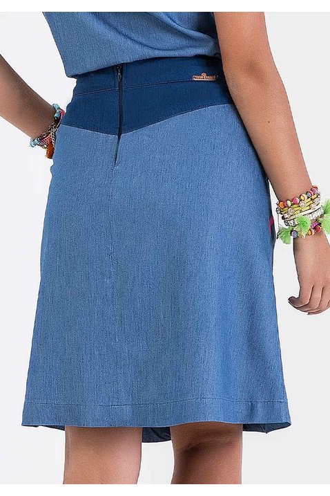 saia evase bicolor jeans sustentavel imperio z costas baixo
