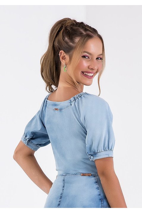 blusa feminina jeans com amarracao imperio z costas cima