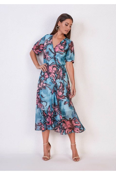 vestido azul chiffon estampa exclusiva decote v titanium