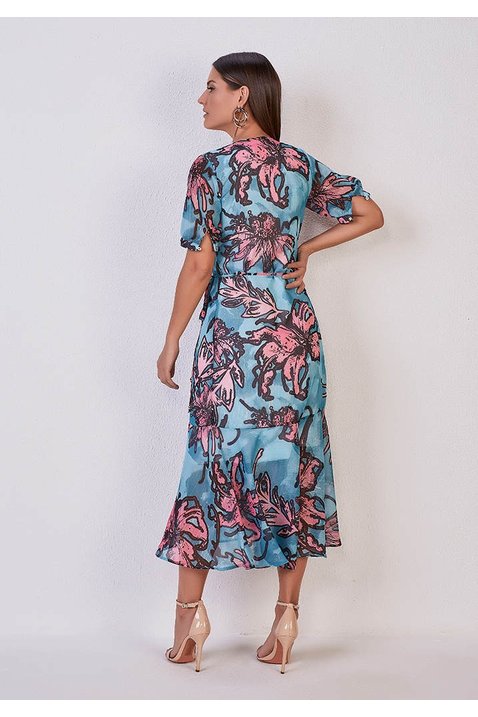 vestido azul chiffon estampa exclusiva decote v titanium costas
