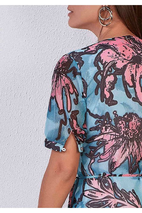 vestido azul chiffon estampa exclusiva decote v titanium costas cima detalhe