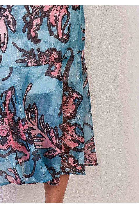 vestido azul chiffon estampa exclusiva decote v titanium costas baixo detalhe