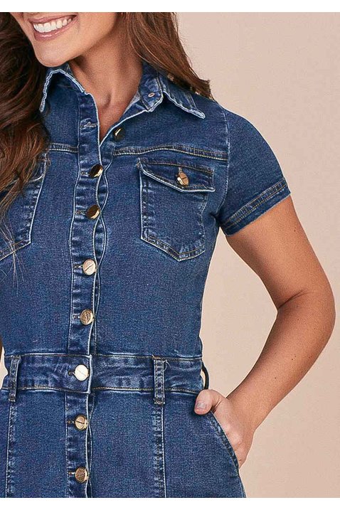 vestido jeans tubinho com bolsos titanium cima detalhe