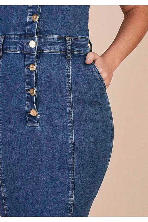 vestido jeans tubinho com bolsos titanium baixo detalhe