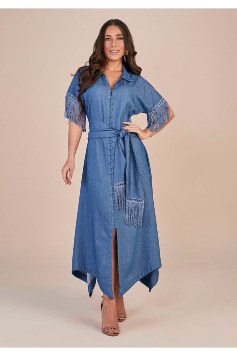 vestido jeans barra assimetrica botoes encapados titanium