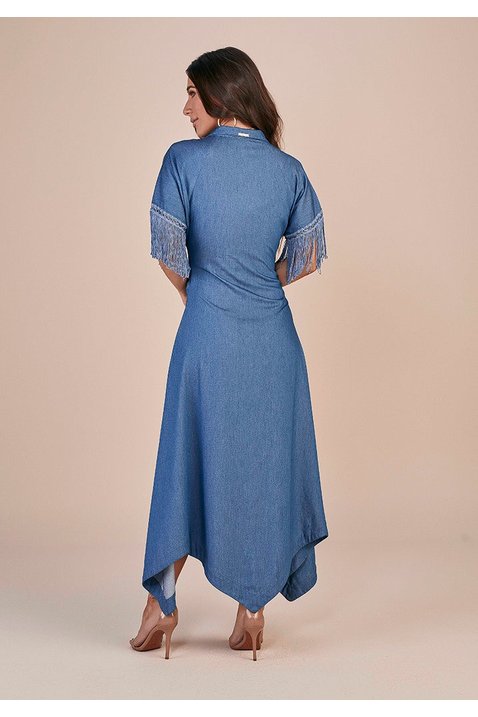 vestido jeans barra assimetrica botoes encapados titanium costas