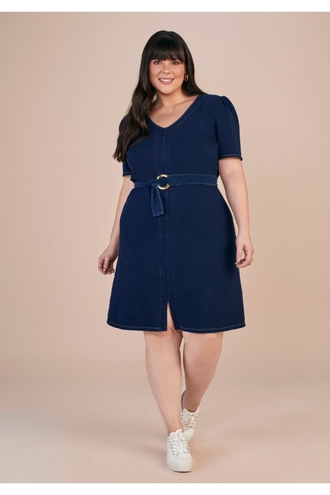vestido malha denim plus size com faixa titanium