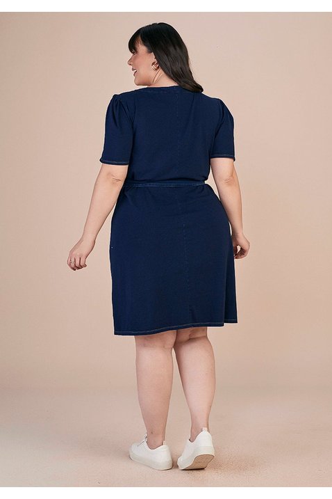 vestido malha denim plus size com faixa titanium costas