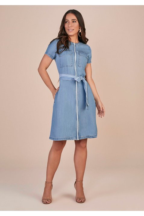 vestido evase jeans claro ziper inteirico frontal titanium