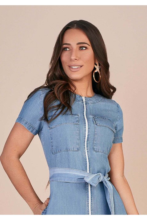 vestido evase jeans claro ziper inteirico frontal titanium cima