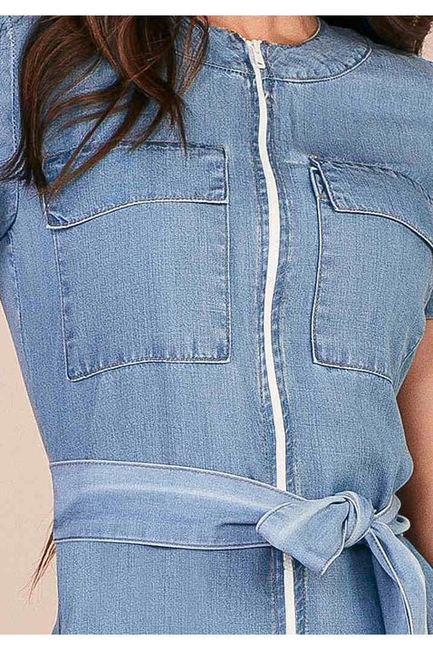 vestido evase jeans claro ziper inteirico frontal titanium cima detalhe zoom