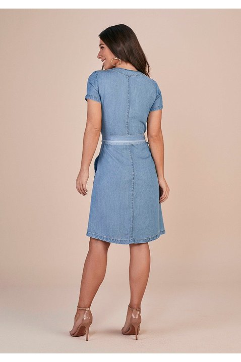 vestido evase jeans claro ziper inteirico frontal titanium costas