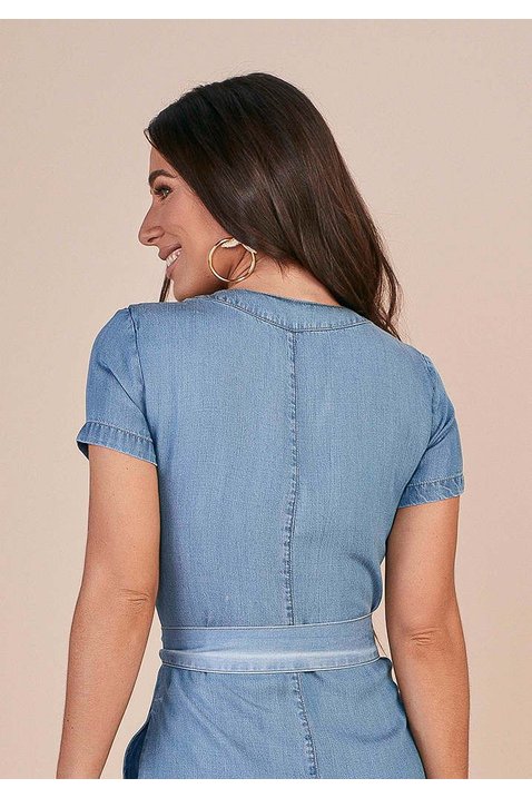 vestido evase jeans claro ziper inteirico frontal titanium costas cima