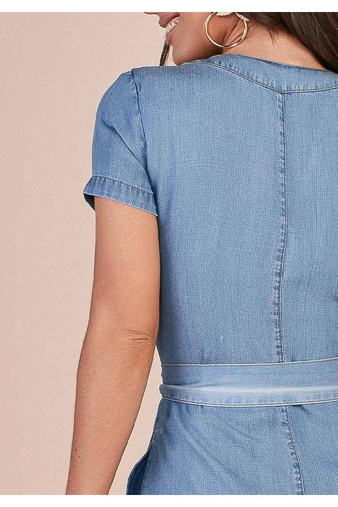 vestido evase jeans claro ziper inteirico frontal titanium costas cima detalhe