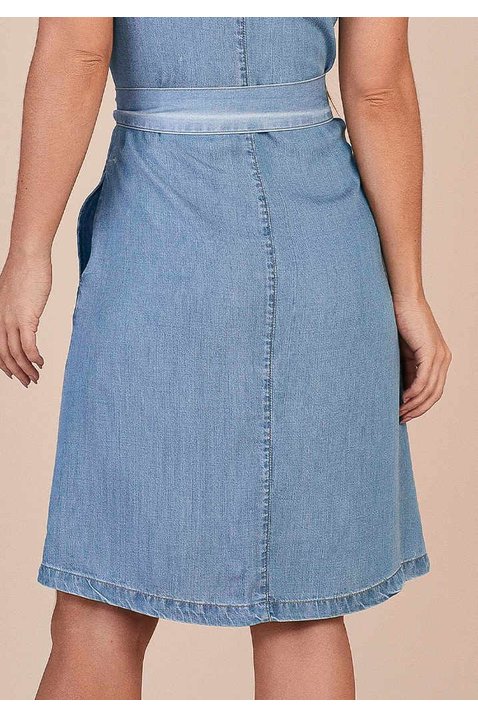 vestido evase jeans claro ziper inteirico frontal titanium costas baixo