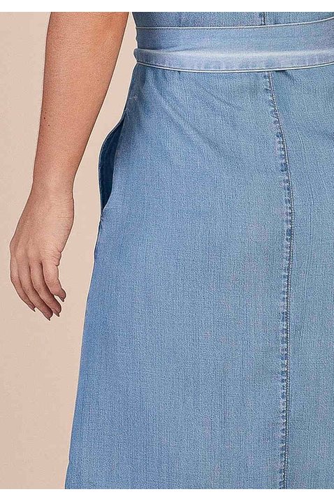vestido evase jeans claro ziper inteirico frontal titanium costas baixo detalhe