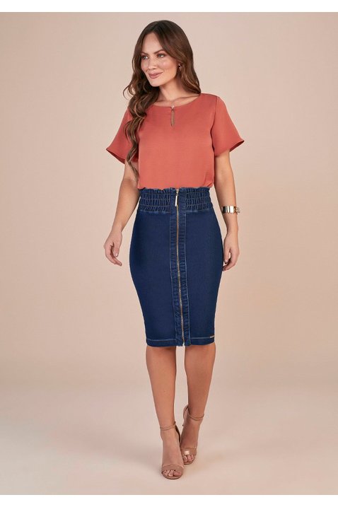 saia lapis jeans cos elastico franzido titanium