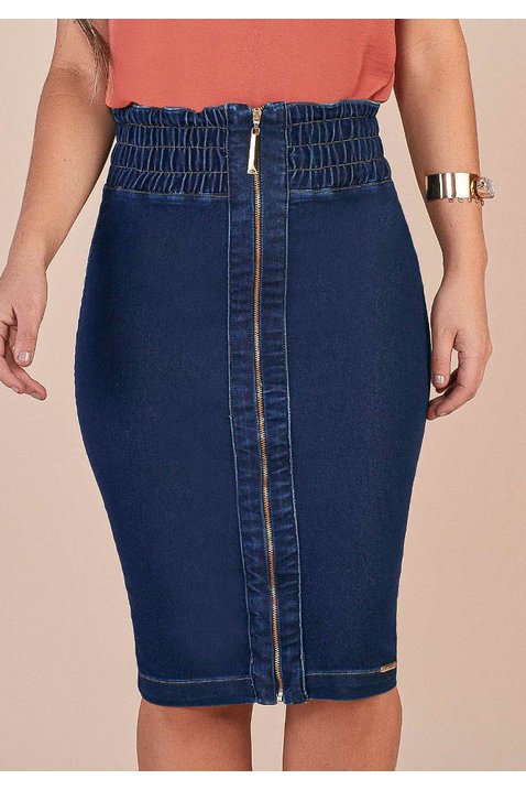 Cós Alto Saia Jeans Cintura Alta Com Ziper Saia Jeans Cintura Alta