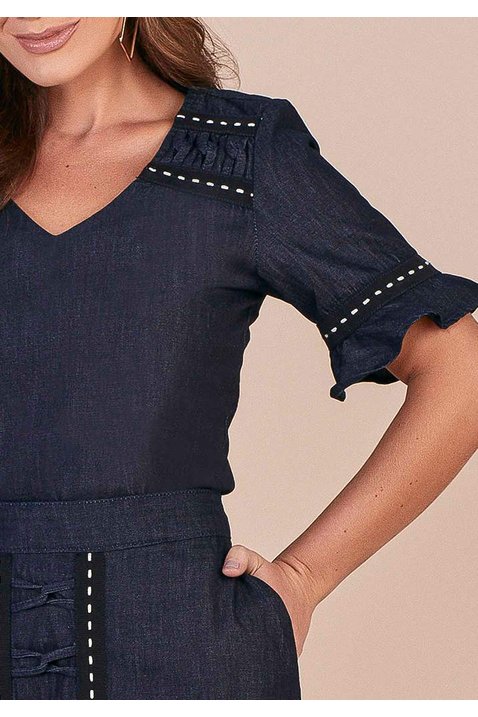 blusa glan jeans sustentavel aviamento sobreposto titanium cima detalhe