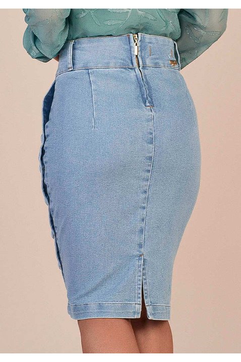saia jeans claro com botoes encapados titanium jeans costas baixo