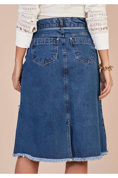 saia evase jeans com cos deslocado e racho frontal titanium costas