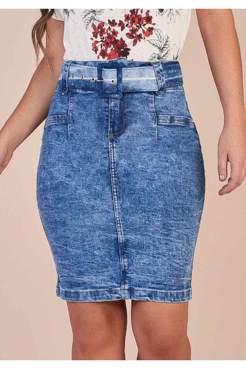 saia jeans justa lavagem especial titanium baixo