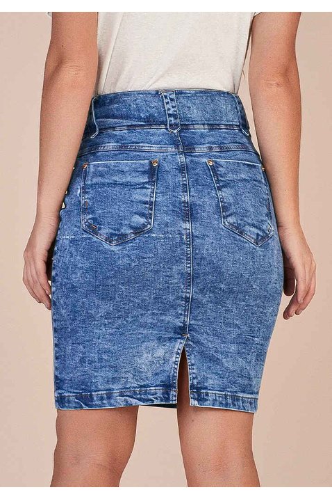 saia jeans justa lavagem especial titanium costas baixo