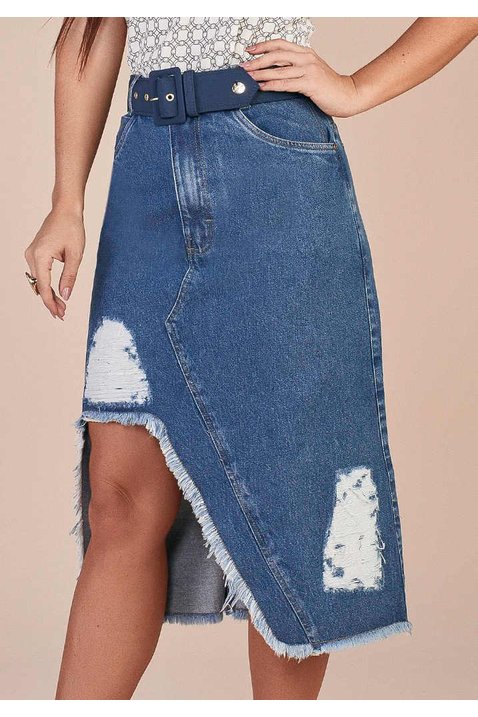 saia evase jeans com puidos e barra assimetrica desfiada titanium baixo