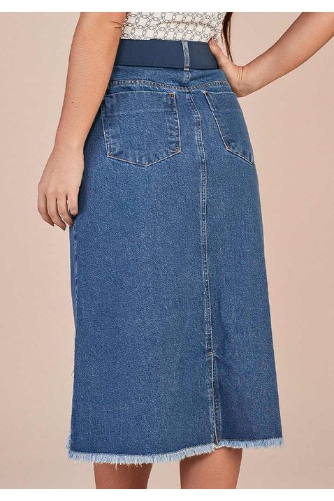 saia evase jeans com puidos e barra assimetrica desfiada titanium costas baixo