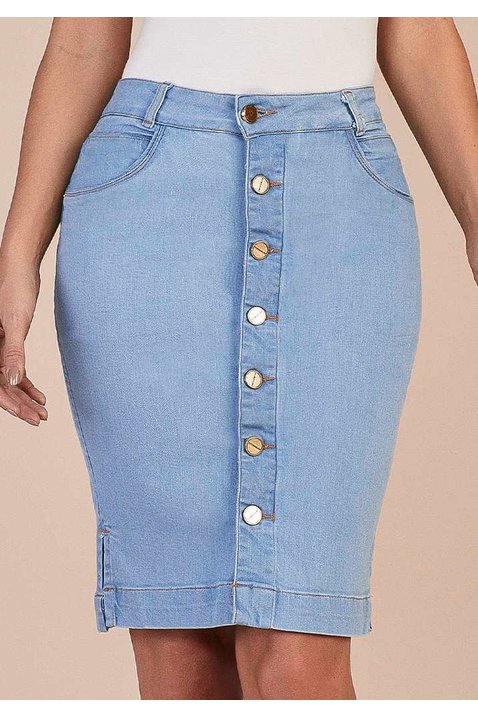 saia jeans delave abertura laterais botoes frontais titanium