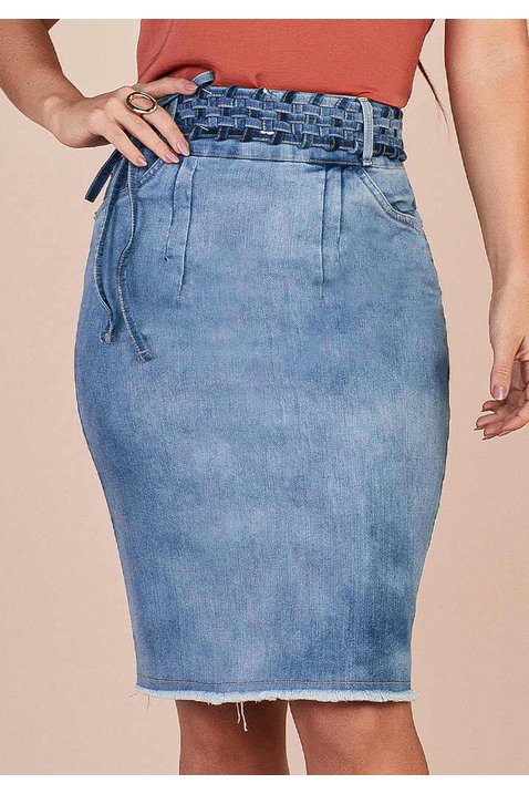 saia jeans com barra desfeita e cinto trancado titanium baixo