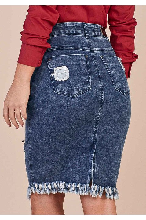 saia jeans recortes e barra assimetrica desfiada titanium costas baixo