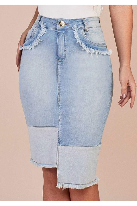 saia jeans claro barra desfiada assimetrica titanium baixo