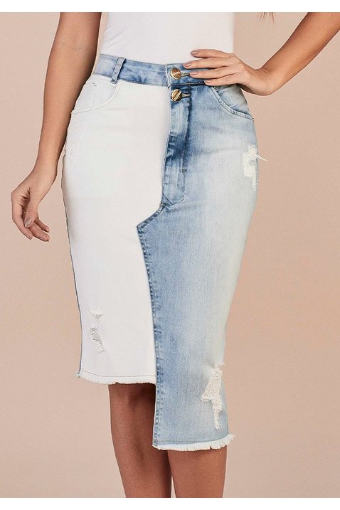 saia jeans assimetrica com barra desfiada titanium baixo
