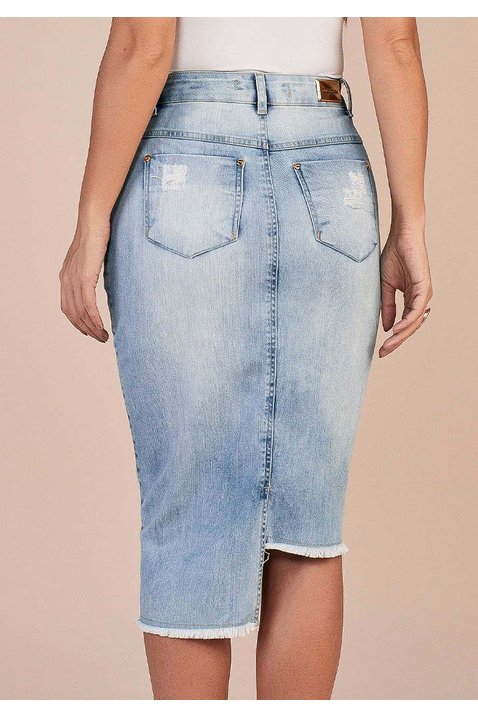 saia jeans assimetrica com barra desfiada titanium costas baixo