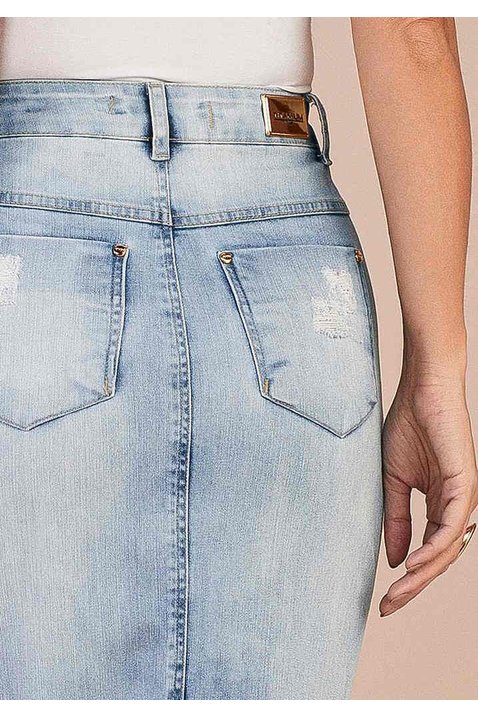 saia jeans assimetrica com barra desfiada titanium costas baixo detalhe