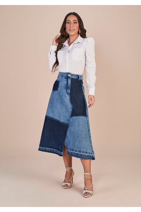 saia evase jeans recortes e barra desfeita titanium